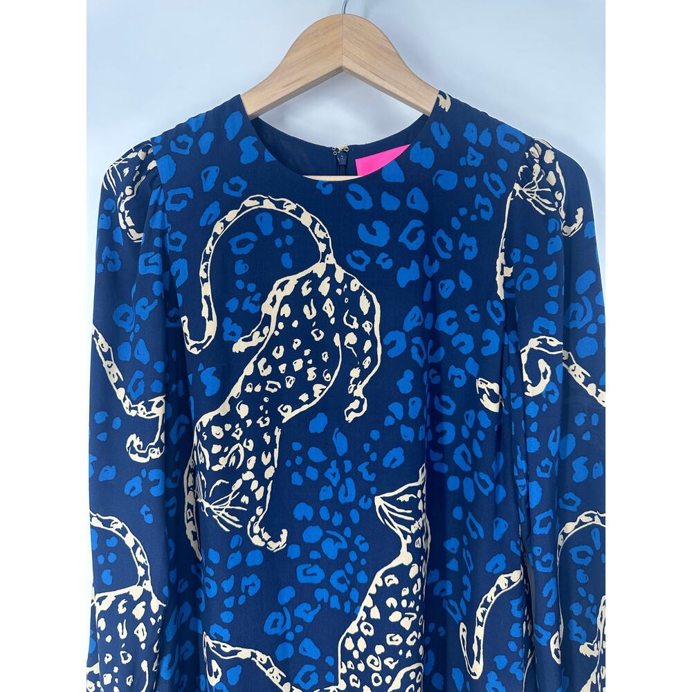 Lilly Pulitzer 100% Silk Tyra Leopard Print Long Puff Sleeve Shift Dress Mini - Picture 5 of 16
